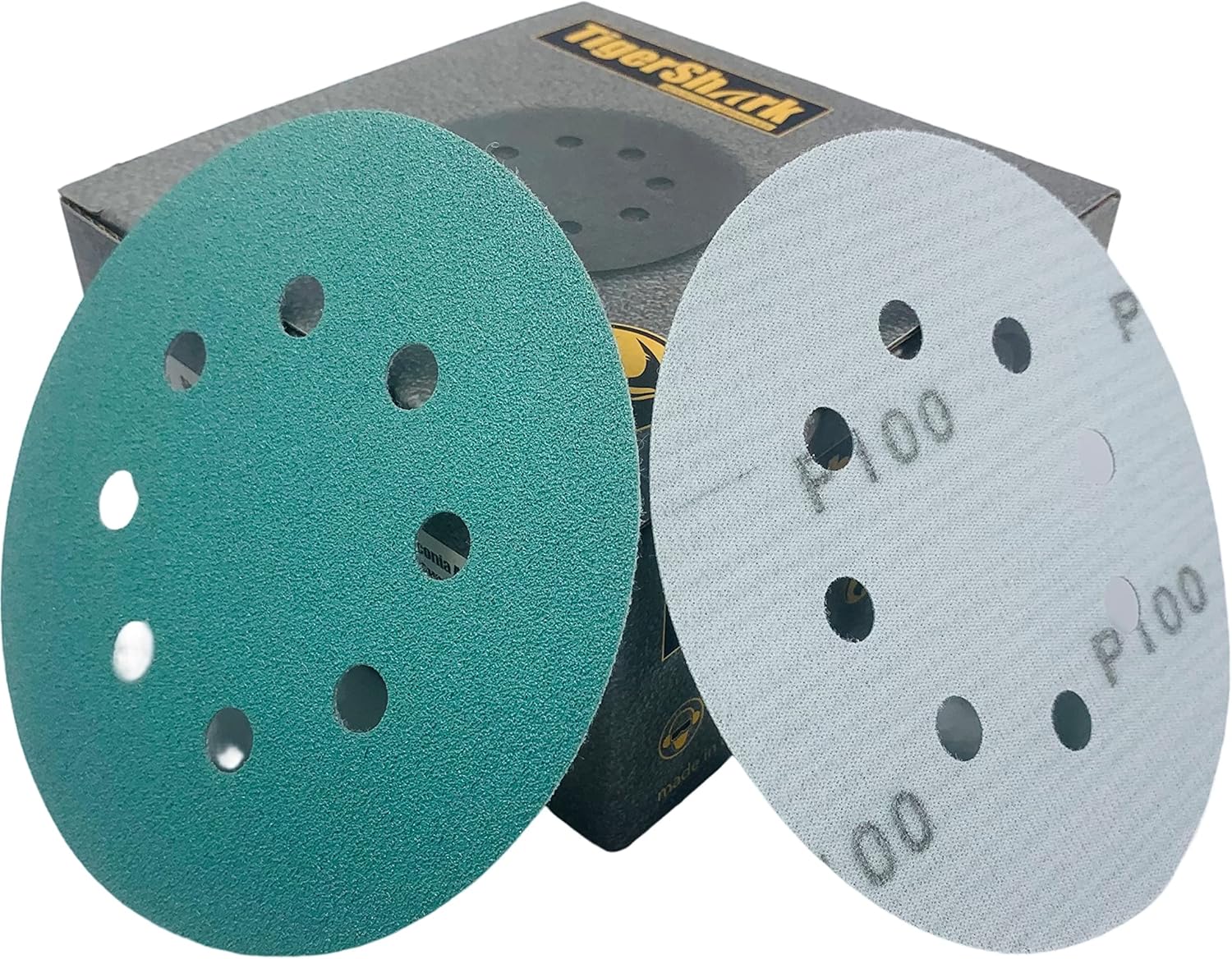 TigerShark 5 Inch Sanding Discs 8 Hole Wet Dry Grit 100 50pcs Pack Special Anti Clog Coating Film Green Line Hook and Loop Dustless Random Orbital Sander Paper