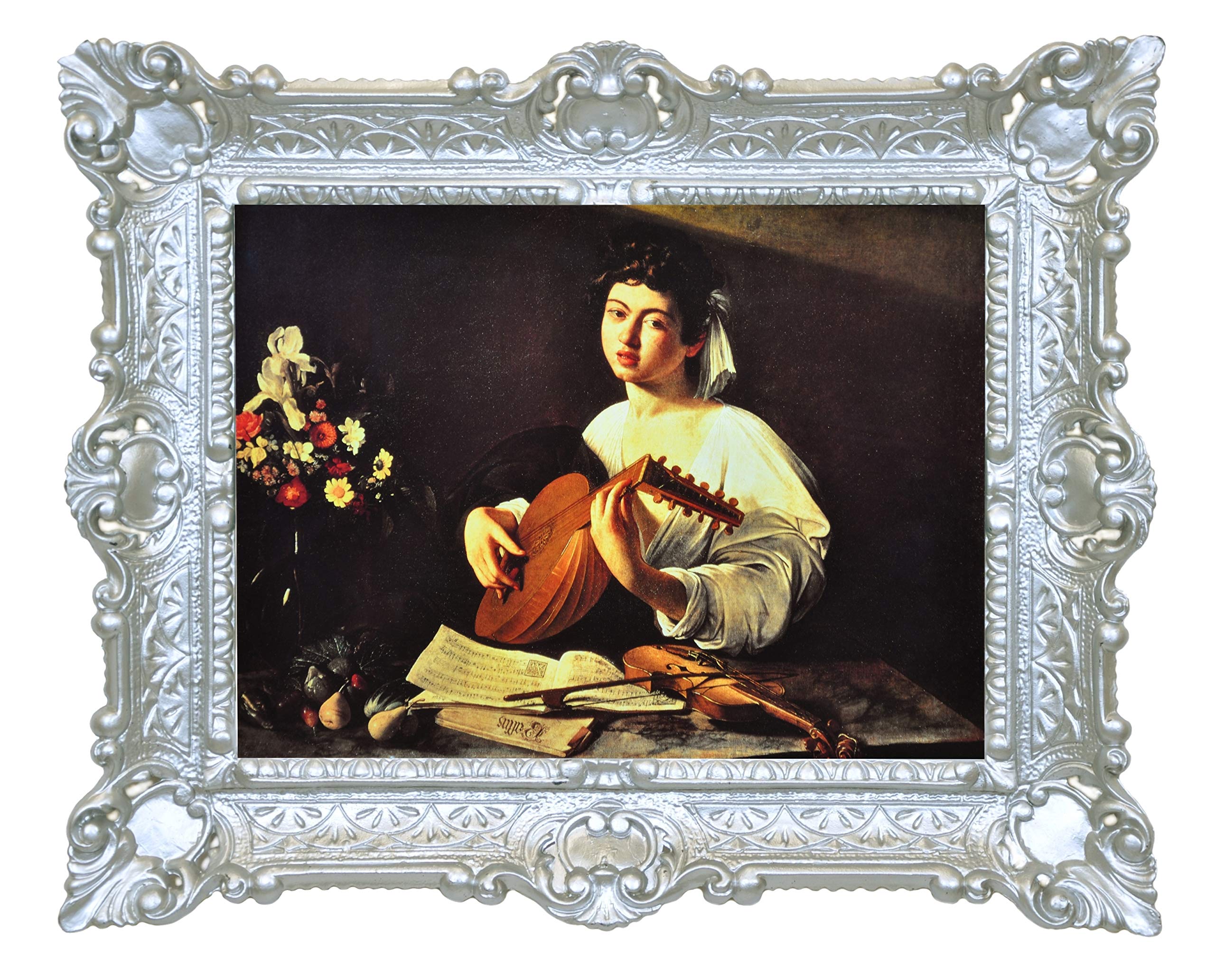 Idea Casa Caravaggio The Luuto Dzwonek Lutni z ramą w stylu barokowym 55 x 45 cm (srebrny)