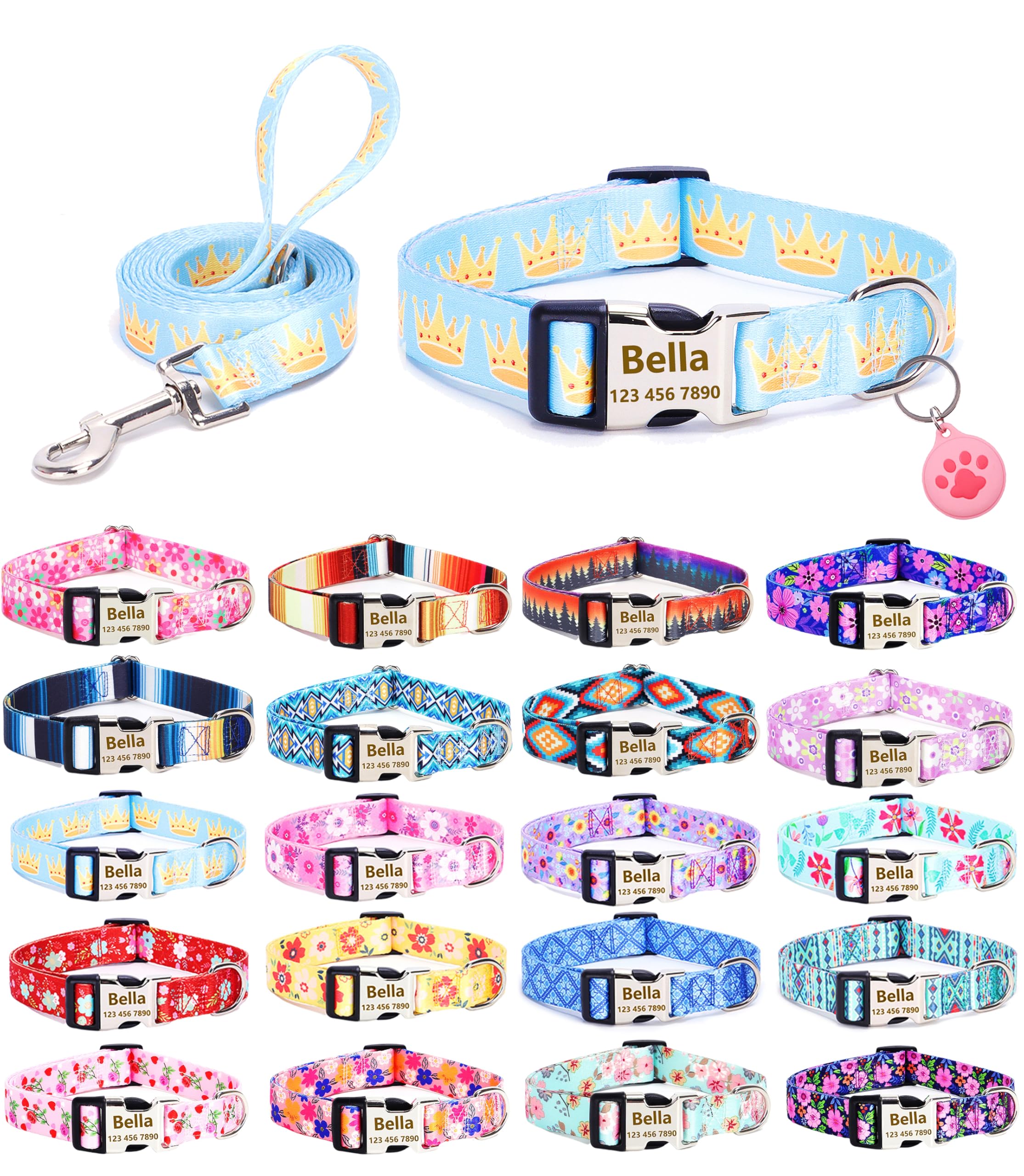 Moonpet Personalised Custom Customized Dog Collars Lead Airtag Holder Set with Name Phone Number for Puppy X-small Small Medium Large Boy Girl Dogs - Crown -L