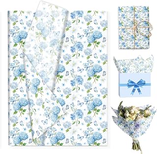 MOZUI 50 Sheets Blue Hydrangea Tissue Paper - 20 x 14 Inch Blue Floral Butterfly Decorative Tissue, Hand-Painted Style Hydrangea Patterns for Wrapping, Wedding Decorations, Birthday