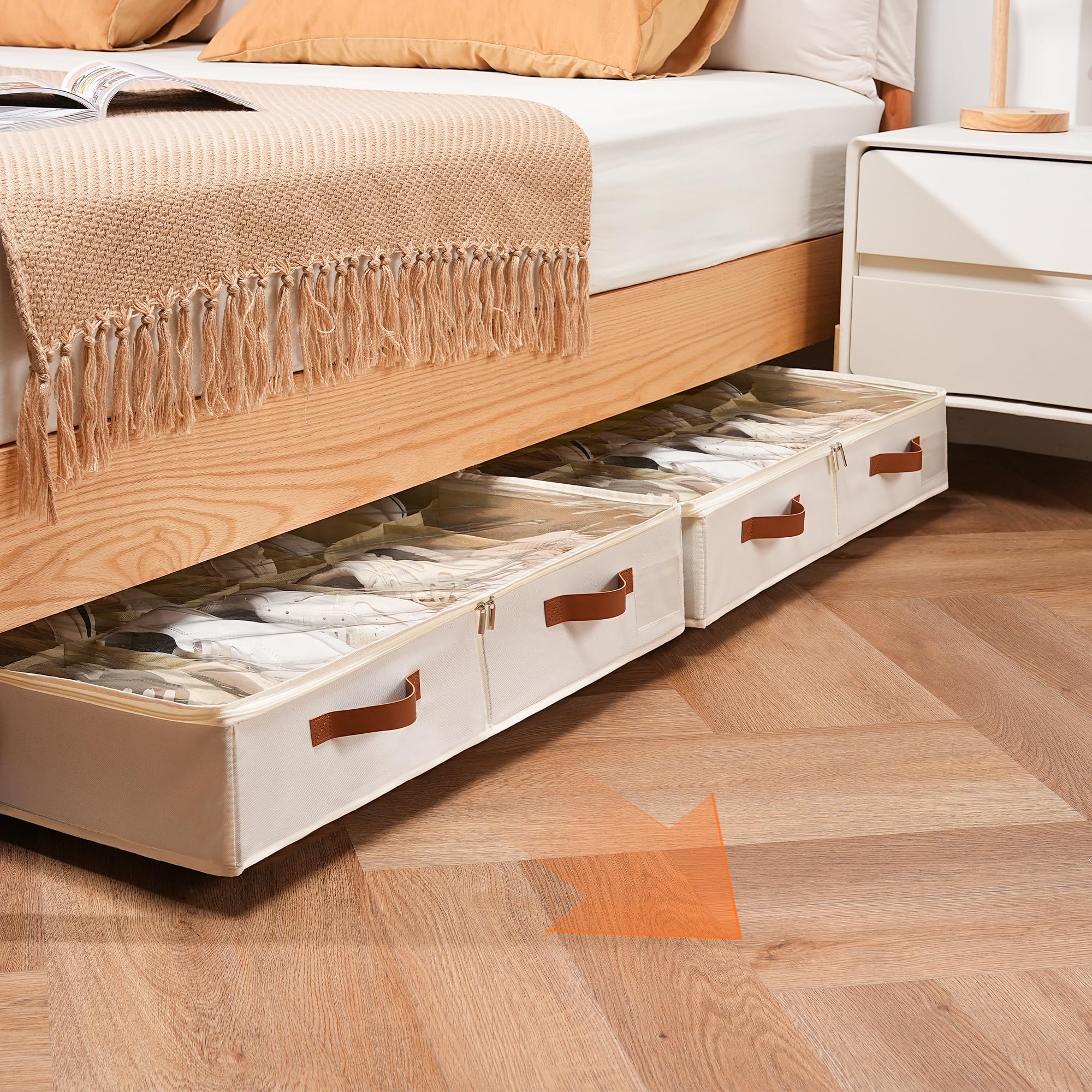 Scarpiera sotto il letto con ruote, confezione da 2, contiene da 12 a 24 paia, robusto organizer per scarpe con coperchio trasparente, cerniere e 3 manici, organizer pieghevole in tessuto per