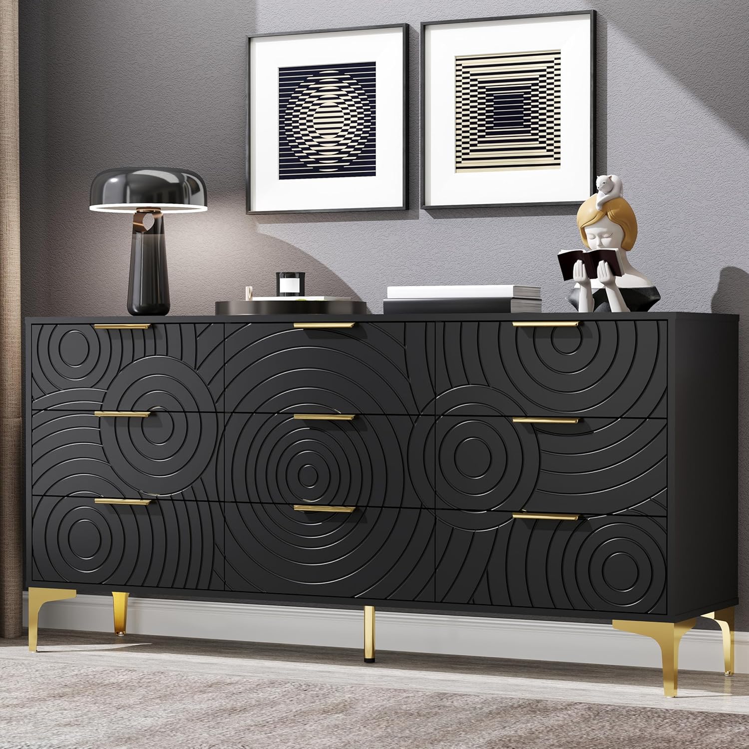 9 Drawer Dresser, Modern Wooden Dresser Chest of Drawers with Metal Handles, Large Storage TV Stand for Bedroom, Living Room, Hallway, Closet Organizer (Black)