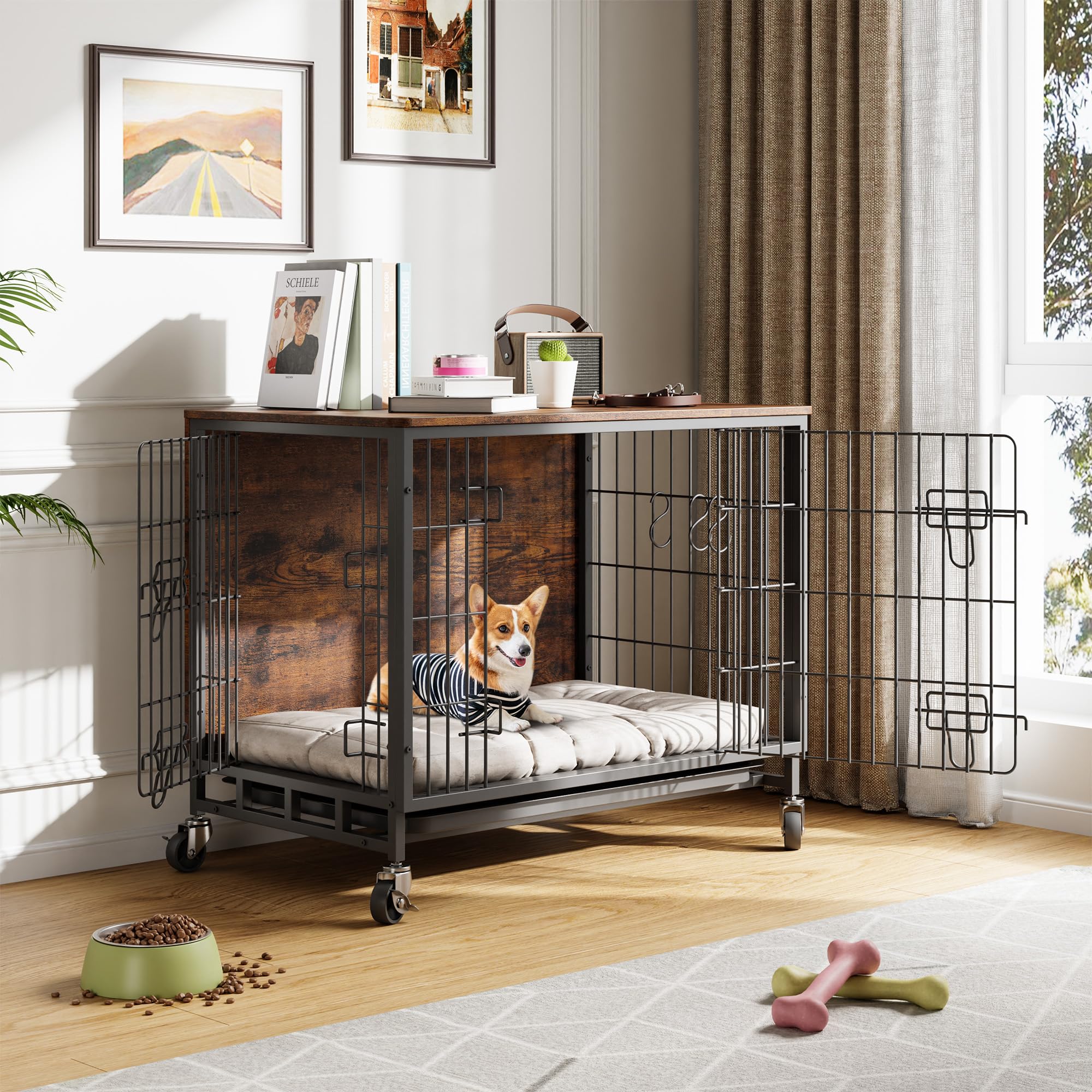 Cage pour chien, meuble, avec 2 portes et 4 roues, 83 x 56 x 64 cm, niche moderne d'intérieur avec surface de table en bois et table d'appoint amovible en métal pour chiens de taille moyenne et petite