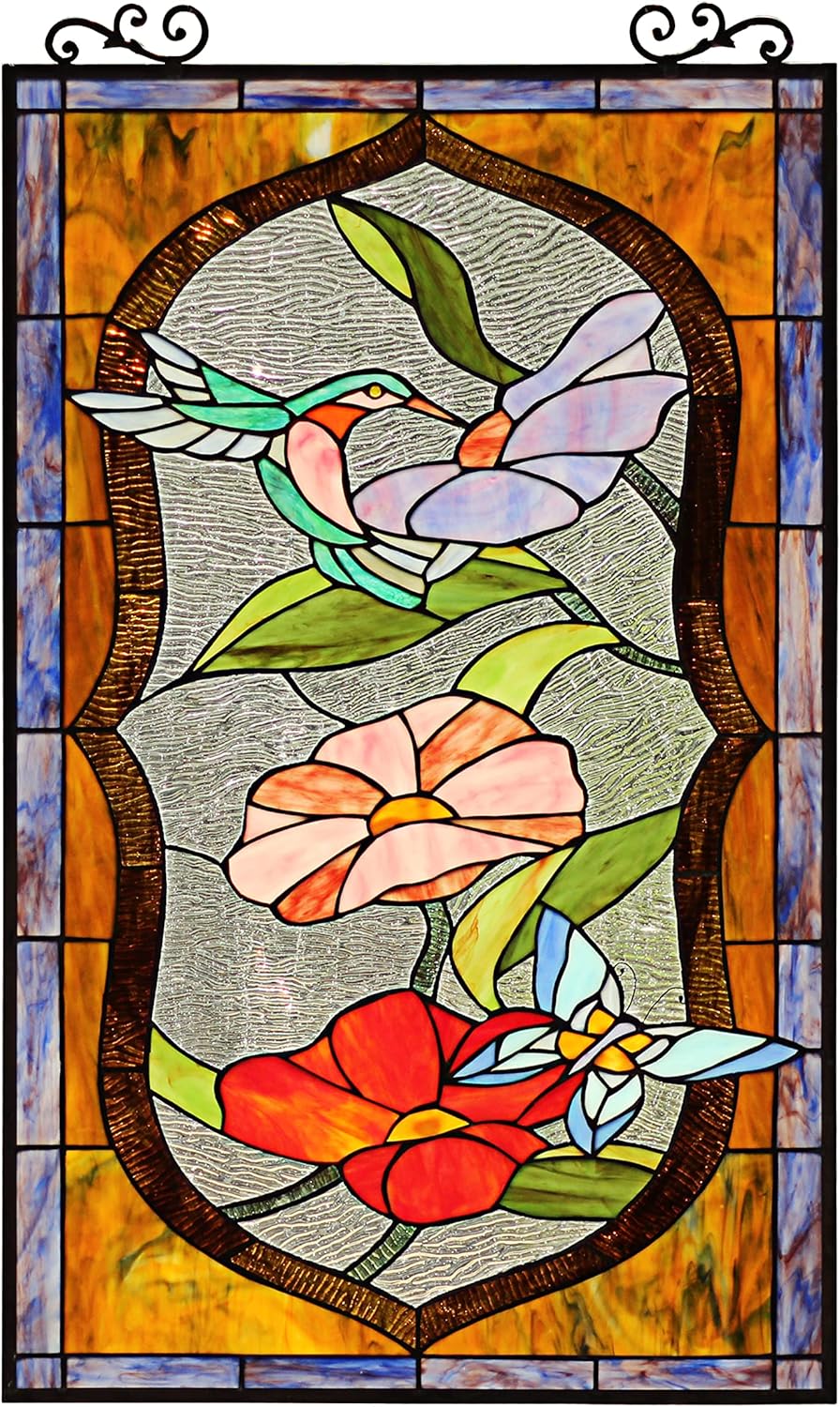 Chloe Lighting Poppy Tiffany-Style Animal/Floral Stained Glass Window Panel 31" Height, Multi Colored