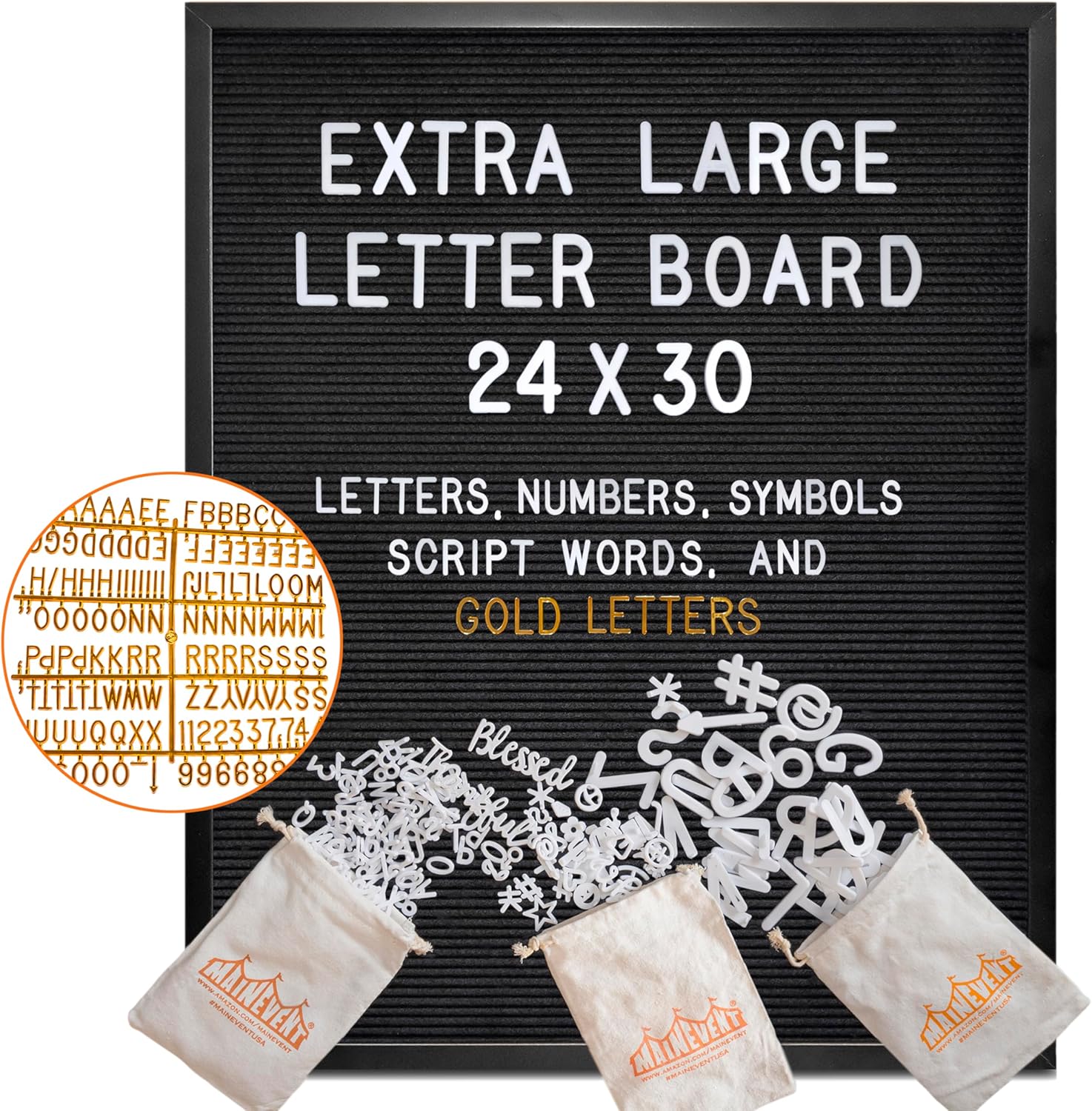 Black Felt Letter Board in Black Frame 24x30 Inch w/Gold Letters, Back to School Big Felt Board, Large Menu Board All Black 24x30 inch