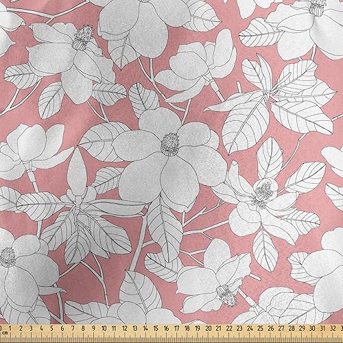 Miniatura 2 de Ambesonne Pink Floral Fabric by The Yard, Spring Pattern with Magnolia Flowers and Leaves, Decorative Satin Fabric for Home Textiles and Crafts, 2