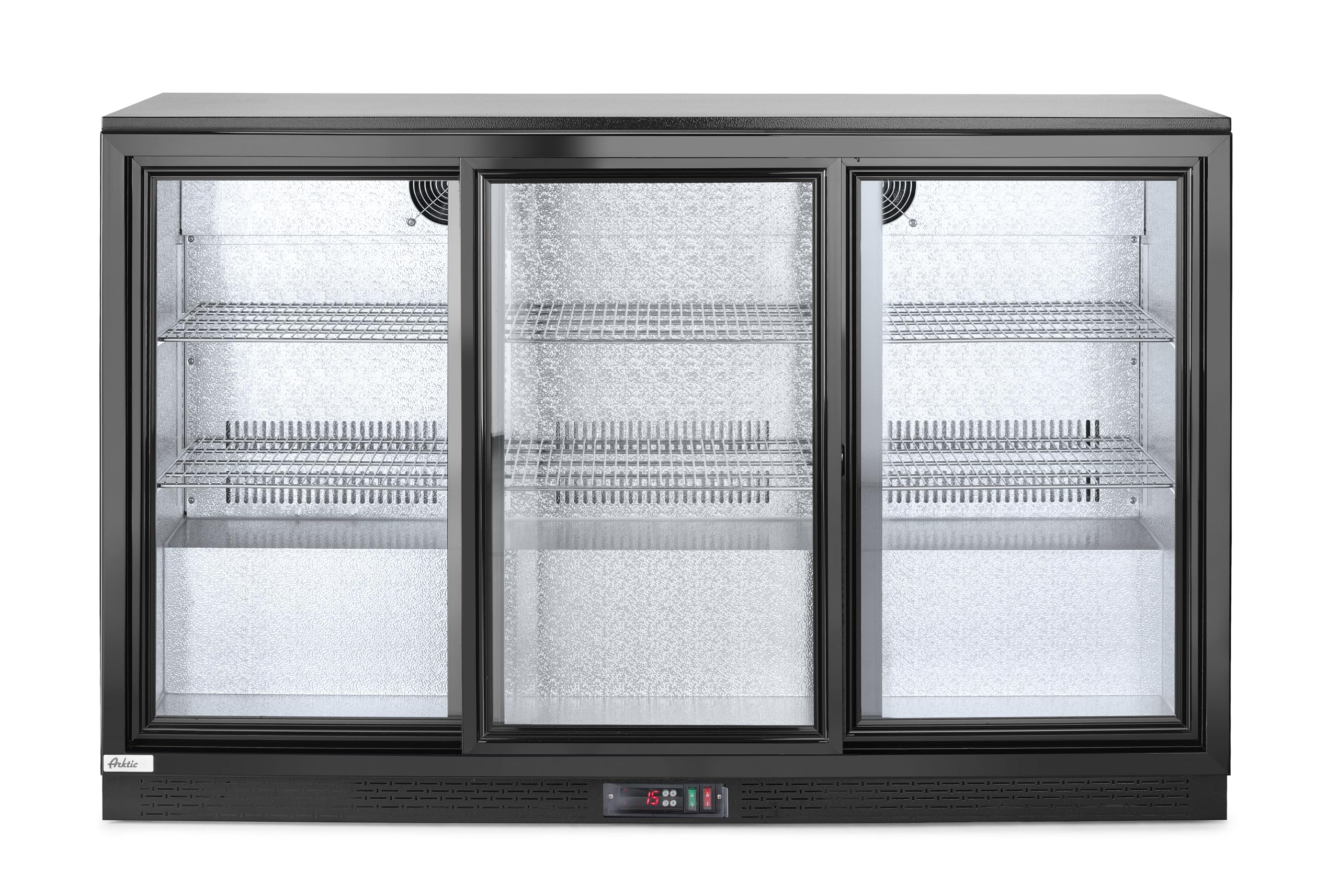 HENDI Refrigerador bajo mostrador para bebidas Arktic, puertas correderas triples, 254L, 0–10°C, 220V, 160W, 1350x520x(H) 865mm, acero con recubrimiento en polvo negro