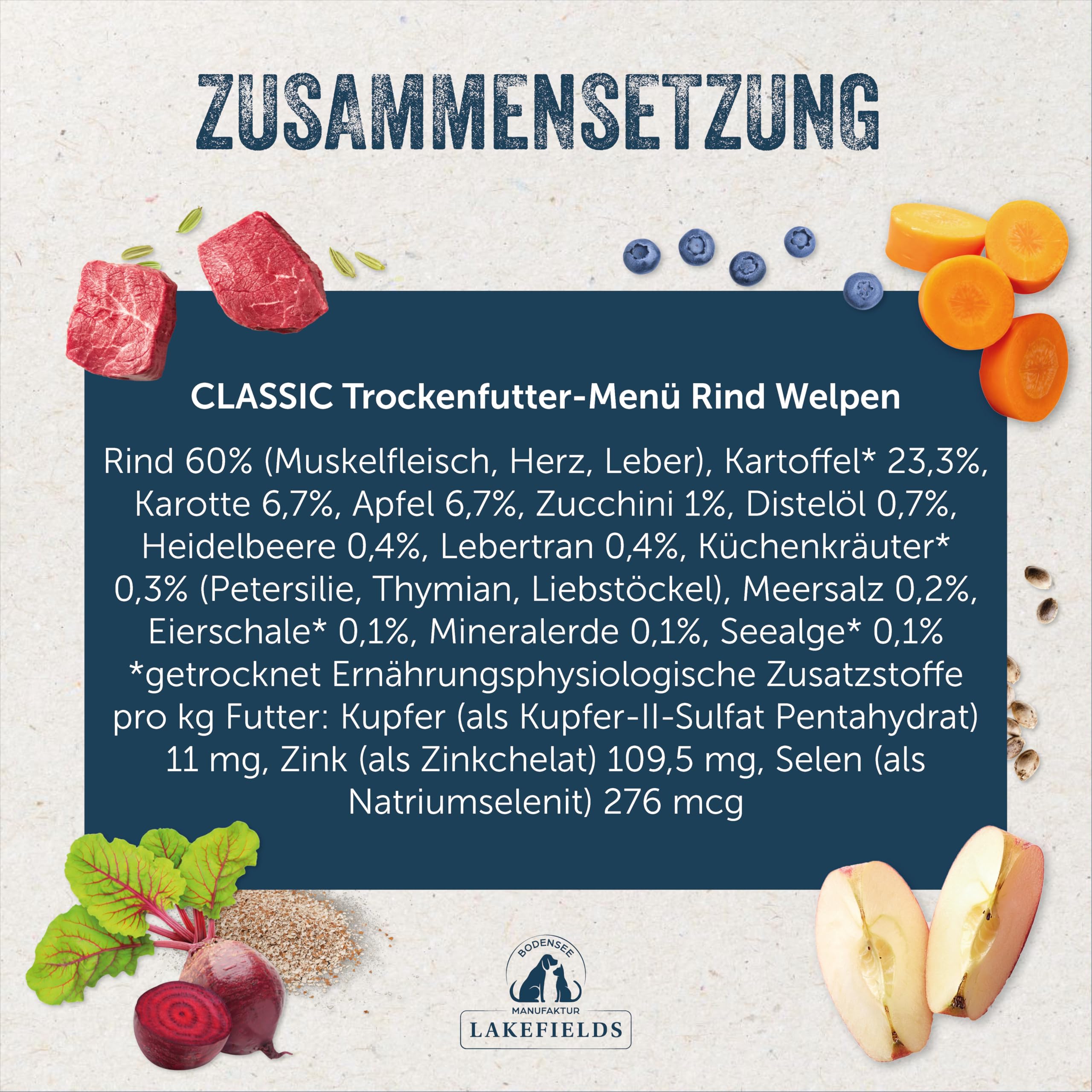 Lakefields Classic Trockenfutter für Welpen | Rind 60% | 4 x 2,5kg | Getreidefreies Welpenfutter trocken | Natürliche Zutaten in Lebensmittelqualität | Äpfel, Karotten & Zucchini | Neue Rezeptur