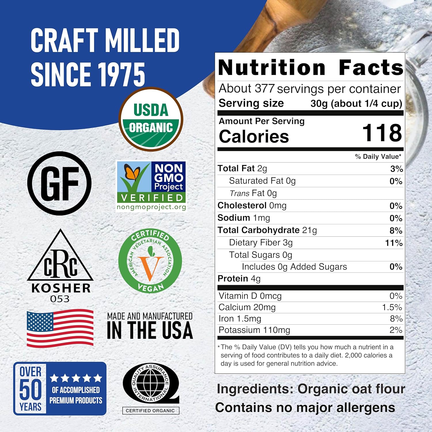 Great River Milling Organic Oat Flour | Gluten Free Whole Grain Flour | Non-GMO, Kosher, Vegan Certified | Naturally Sweet Flavor for Pancakes, Muffins, Cookies & Baking Blends | 25 Lb