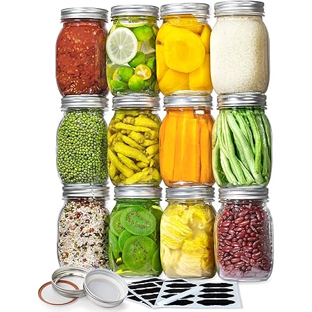 Vtopmart Regular Mouth Glass Mason Jars 16 oz, 12 Pack Glass Canning Jars with Metal Airtight Lids and Bands, for Meal Prep, Food Storage, Canning, Preserving, Drinking, Overnight Oats, DIY Projects