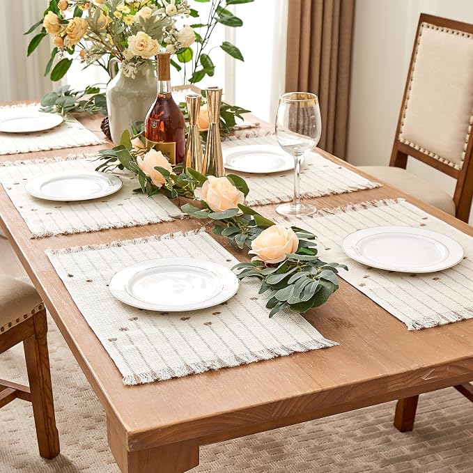 Boho Placemats Set of 6 for Dining Table, Macrame Table Decor, Farmhouse Style Placemats Natural Cotton Burlap for Living Room(Beige & Taupe, 12"x20")