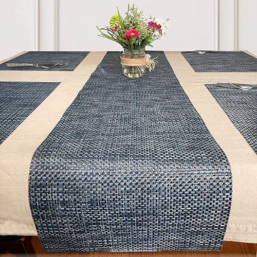 Miniatura 5 de CK Home Demin Basketweave Runner - Juego de 5 manteles individuales rectangulares para interiores y exteriores.