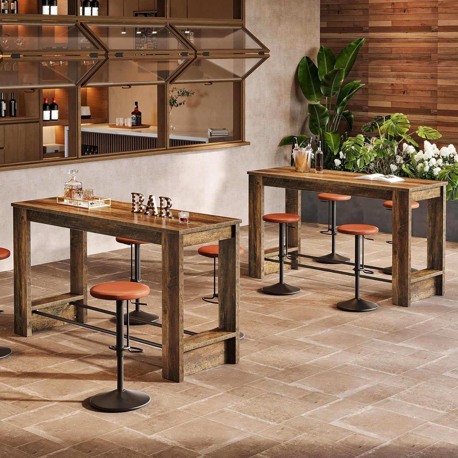 Tribesigns 63'' High Top Long Bar Table, 37.4'' Counter Height Pub Table with Metal Footrests, Long Home Bar Unit for Kitchen, Dining Room, Bistro, or Restaurant, Brown