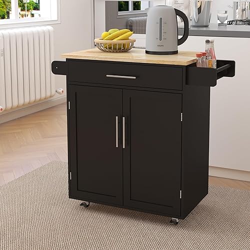 Miniatura 9 de RASOO Isla de cocina con almacenamiento, carrito de cocina blanco rodante sobre ruedas, estante ajustable, carrito de isla de madera maciza de goma