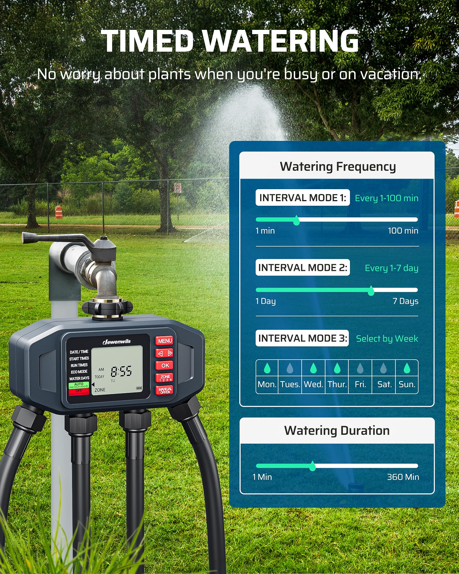 DEWENWlLS - Timer irrigatore a 4 zone, per rubinetto esterno, ritardo pioggia e manuale, timer programmabile per tubo dell'acqua, per vacanze, giardino, prato, orto, fiori in vaso