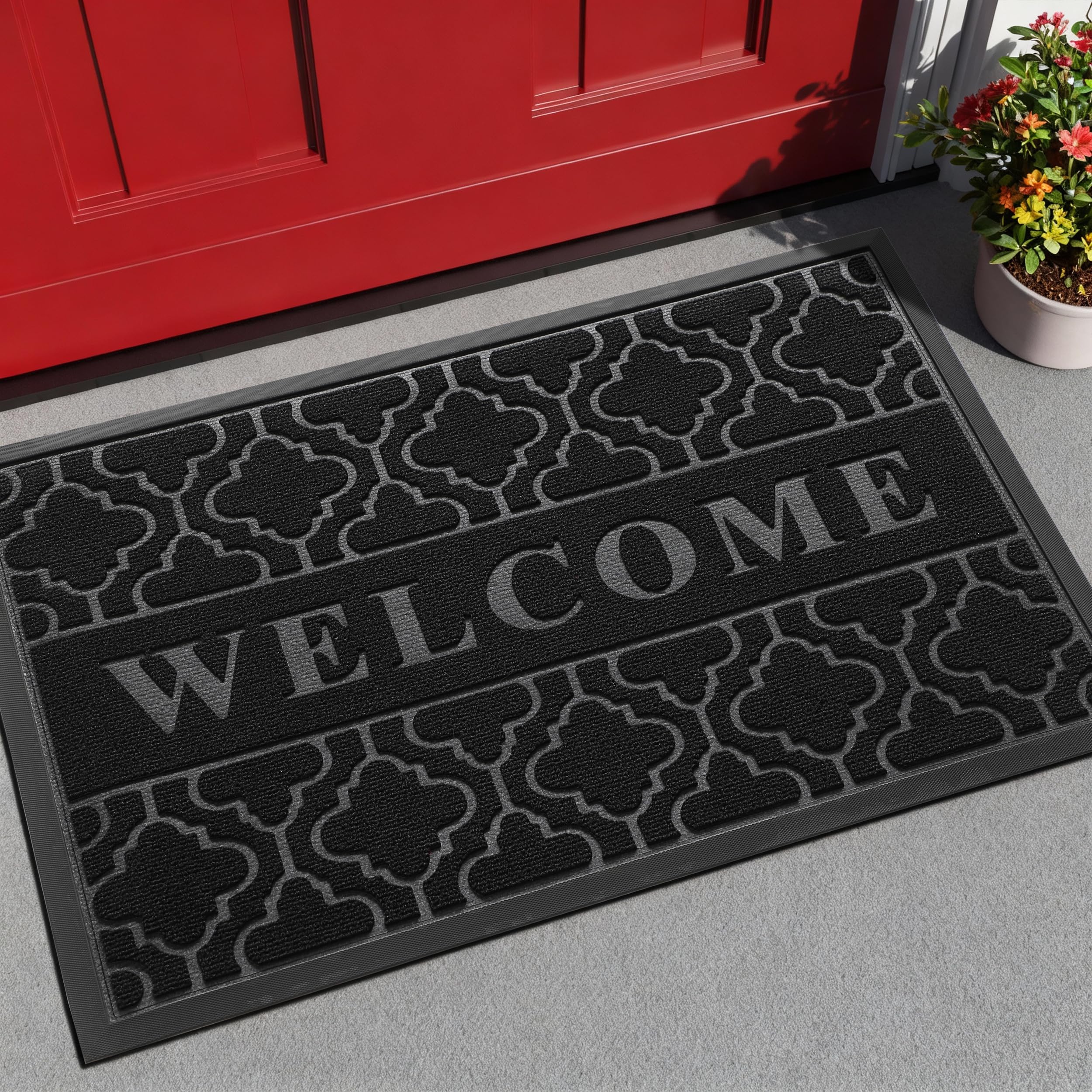 Yimobra Welcome Mat Outdoor Indoor, All-Weather Waterproof Front Door Mat Outside Entrance, Non-Slip Low Profile Porch Patio Doormat, 29.5x17, Black