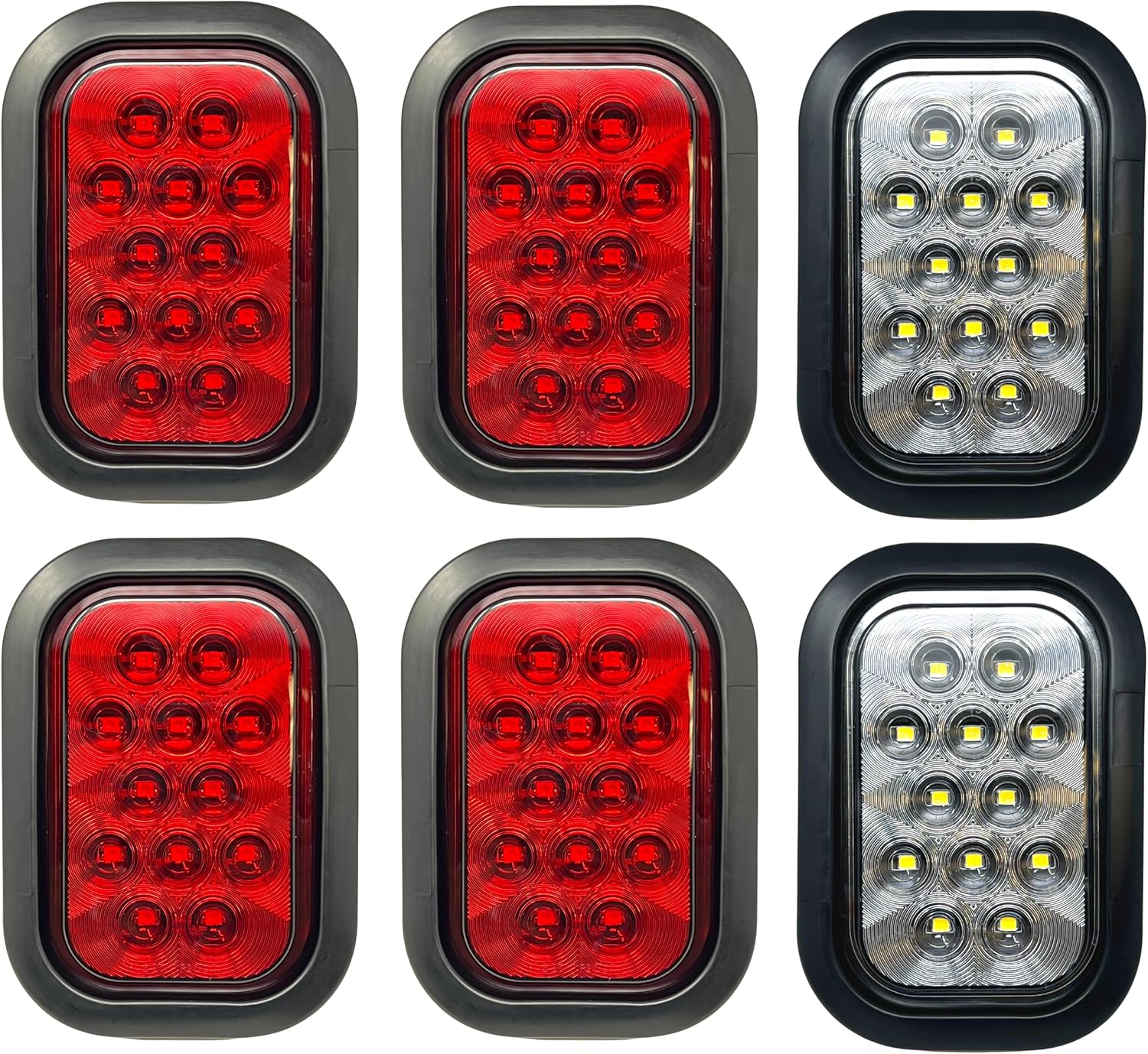 5x3 4x Red 2x White Rectangle Light 12 LED Stop/Turn/Tail Backup/Reverse Tow Truck Semi Trailer CM Flatbed Reading Postal Hitch Mounted RV Bus Grommet 3 Wire Pigtail Plug Kit 12V