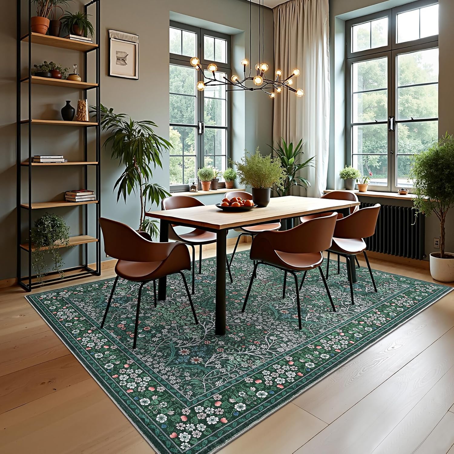 GarveeHome Floral Washable 5x7 Rug Green Non Slip Boho Bathroom Rug, Soft Small Area Rug Indoor Door Mat Botanical Throw Rugs for Living Bedroom, Dark Green