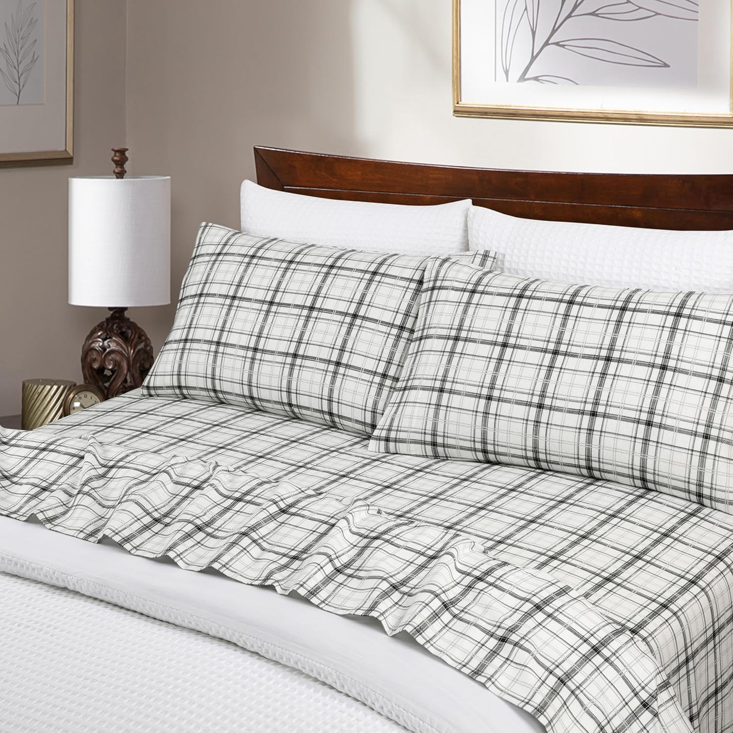 Lodge & Linen Flannel Sheets King Size Rich Cotton -High GSM Flannel Bed Sheet Deep Pockets - Warm & Cozy Flannel Sheet Set for All Seasons (Plaid Black)