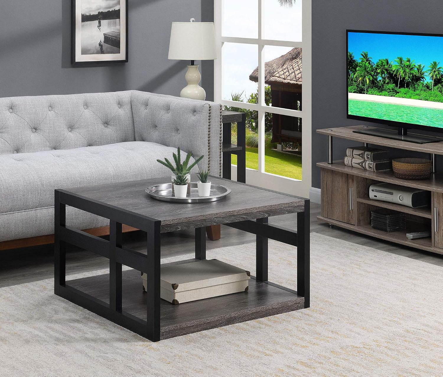 Convenience Concepts Monterey Square Coffee Table with Shelf, Weathered Gray/Black