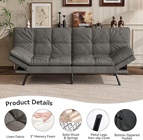 Miniatura 15 de Vyfipt Sofá cama tipo futón, sofá pequeño de espuma viscoelástica de piel sintética para sala de estar, sofá biplaza moderno con reposabrazos Negro