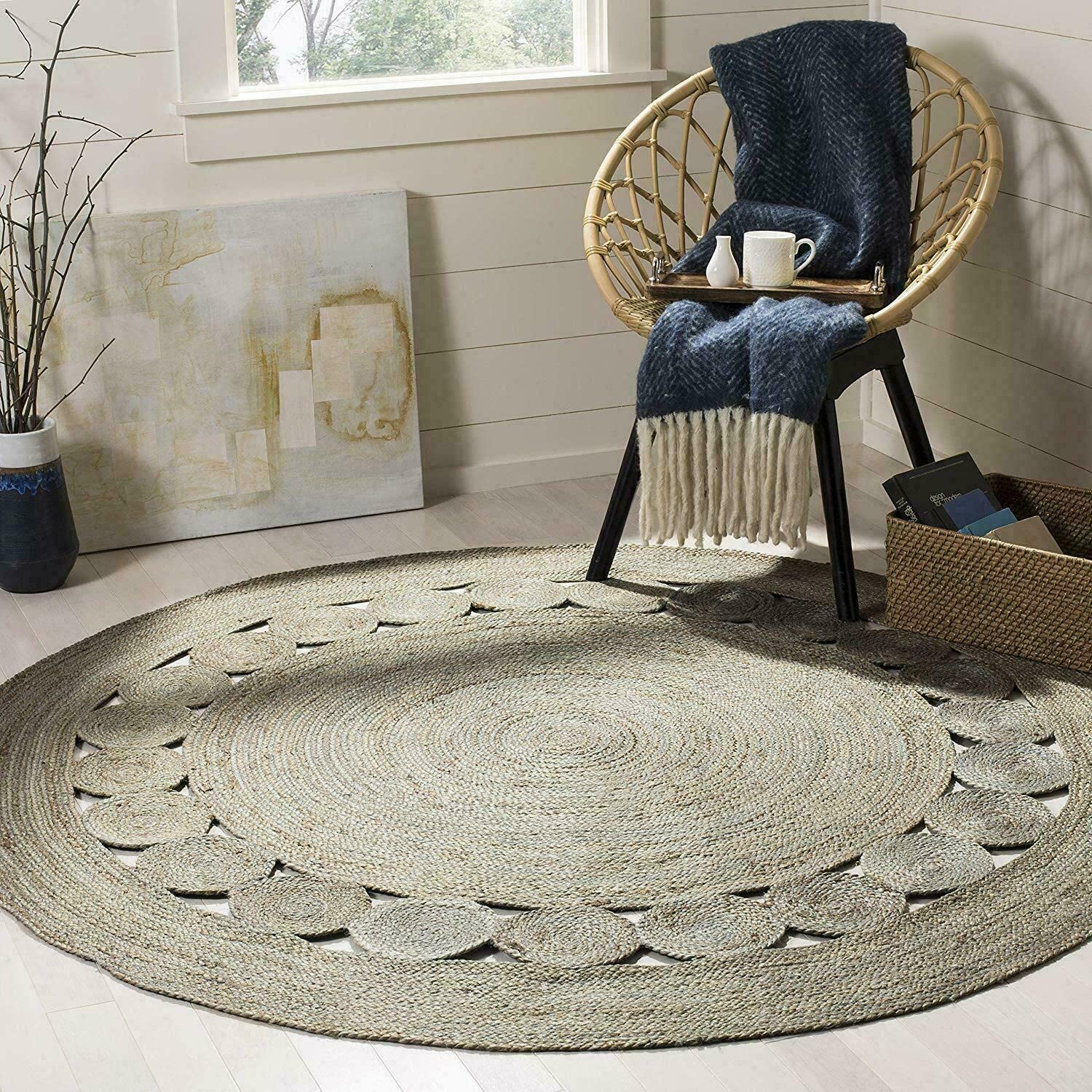 Dywan Okrągły Jutowy Ręcznie Tkany Koło Design Dywanik Szary Kolor Dywan (15 x 15 Stopy)