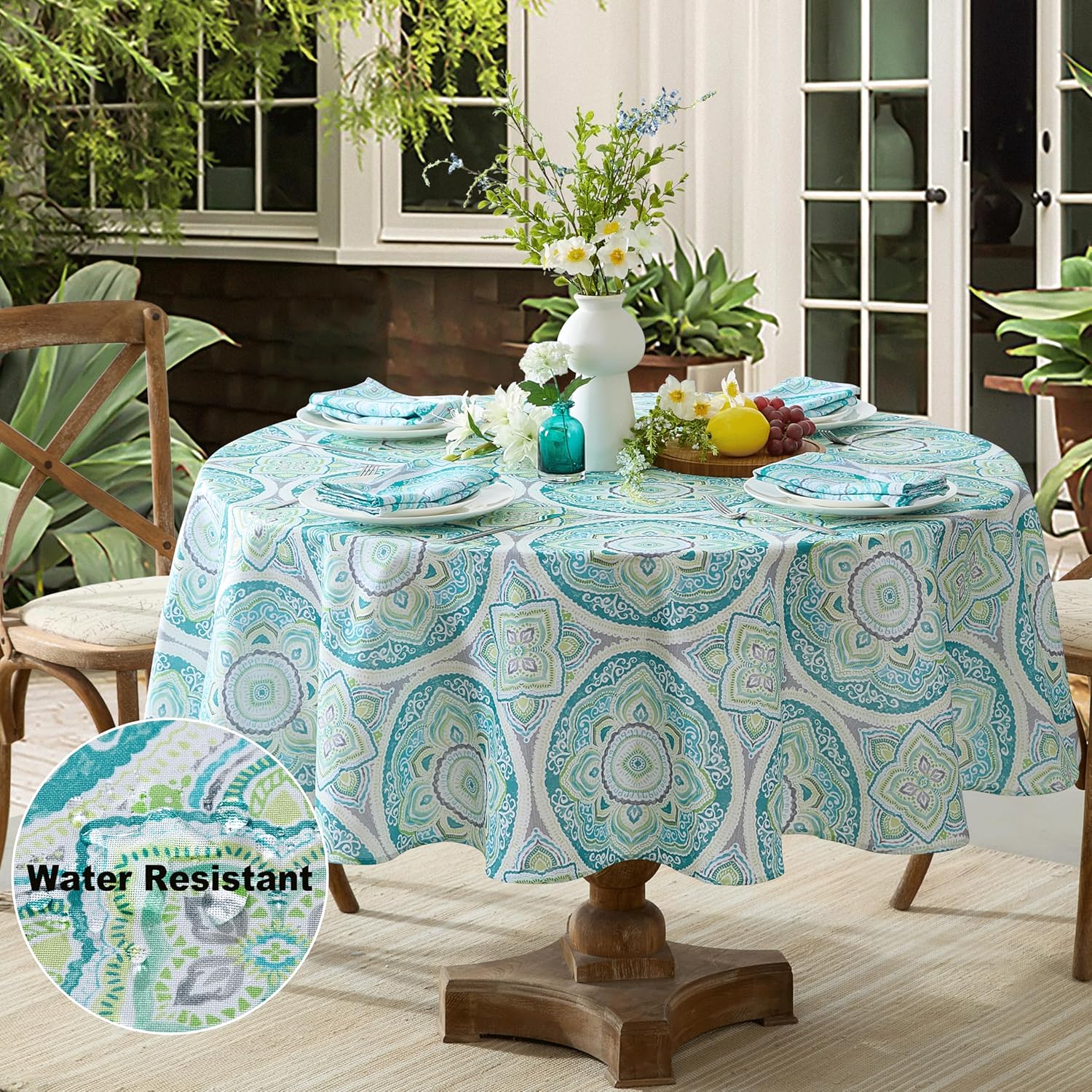 Newbridge Oval Fabric Tablecloth, Santorini Mosaic Glass, 60 x 84 Inch, Indoor Outdoor Stain and Water Resistant Heavy Weight Dining Table Cover, Mediterranean Blue and Green