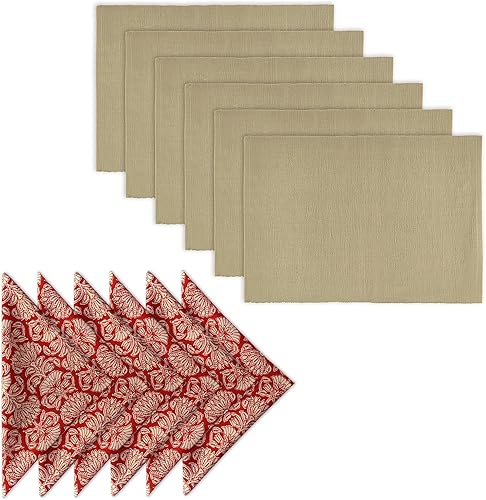 AVKA Studio Paquete de manteles de algodón acanalado y servilletas con estampado de algodón, paquete de 6 unidades, beige óxido