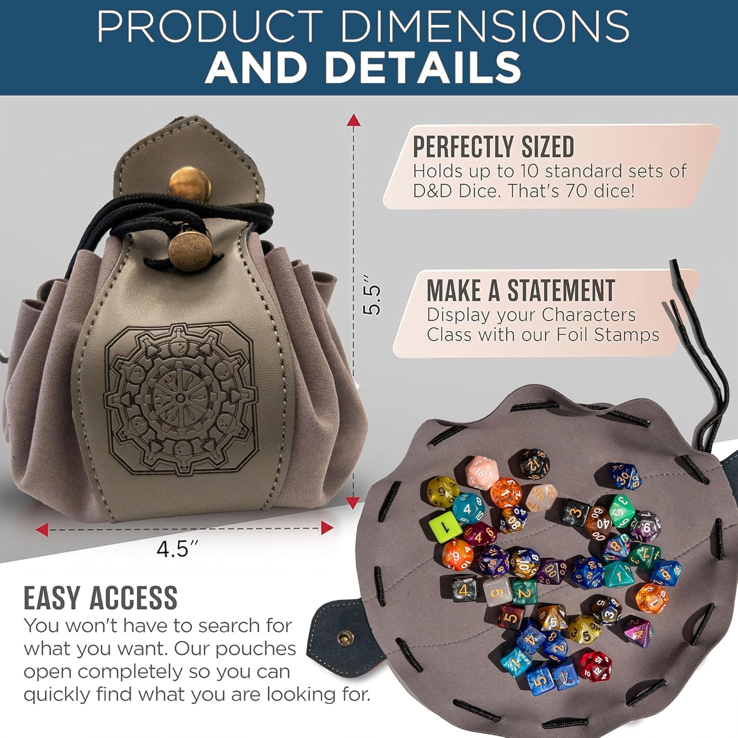 Guilt Free Gaming Genuine Leather RPG Bag | Foil Stamped | Holds 70 Dice | Great for Coins | Timeless Style | Great for DMs and Players image 3