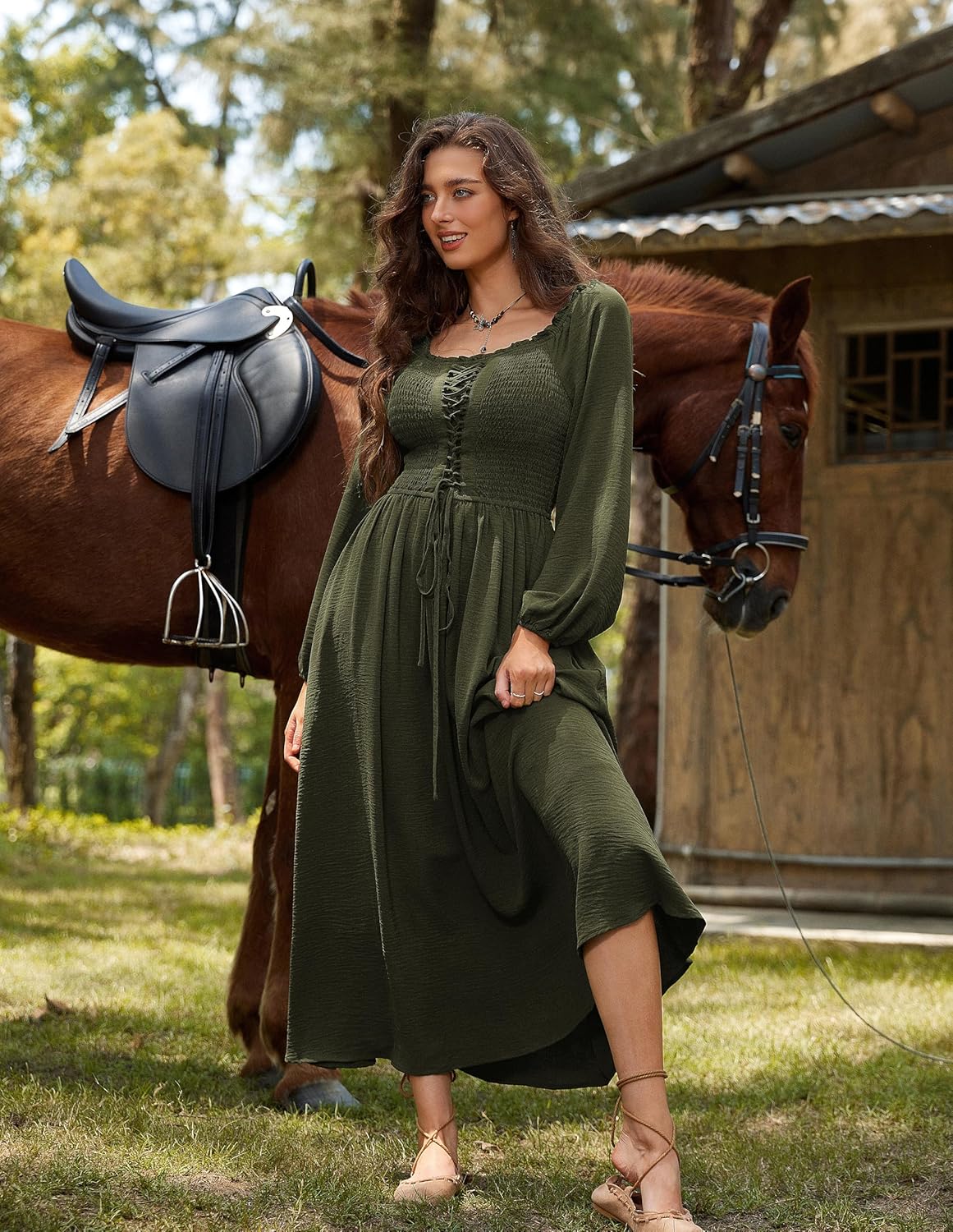 Scarlet Darkness Renaissance Dress Women Long Sleeve Cottagecore Smoked Dress with Pockets - Image 7