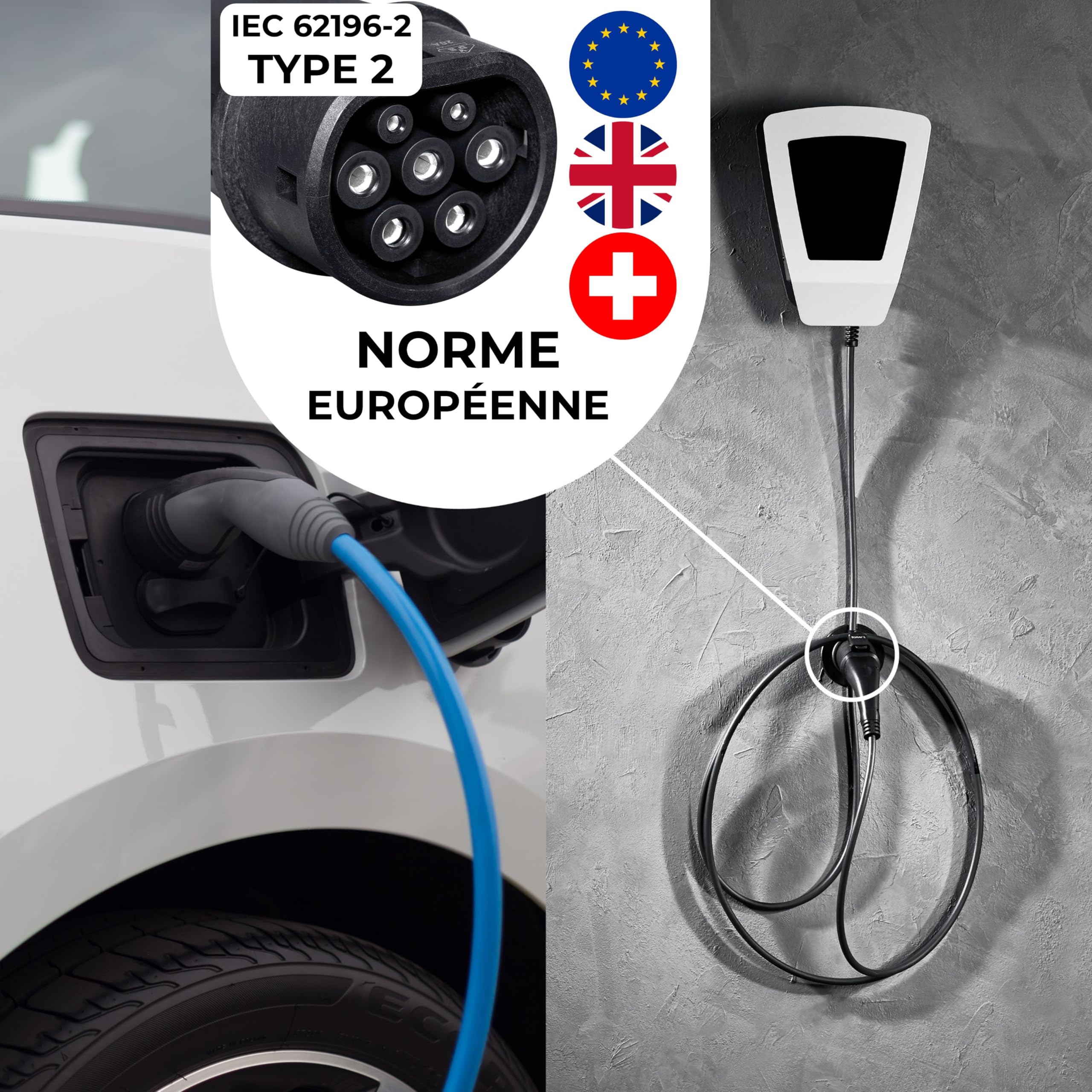 Graft Support Mural de Type 2 pour câble | Support pour Voiture électrique à Un connecteur IEC 62196-2 | Accessoire pour Station de Charge Type 2, avec système antivol pour câble et Chargeur