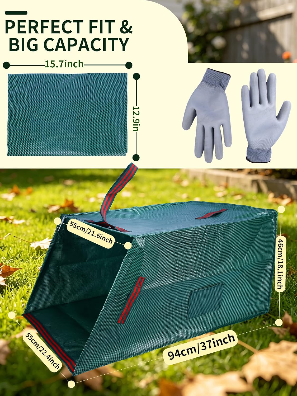 57 Gal Dustpan Yard Waste Bags Heavy Duty Reusable with Gloves image 3