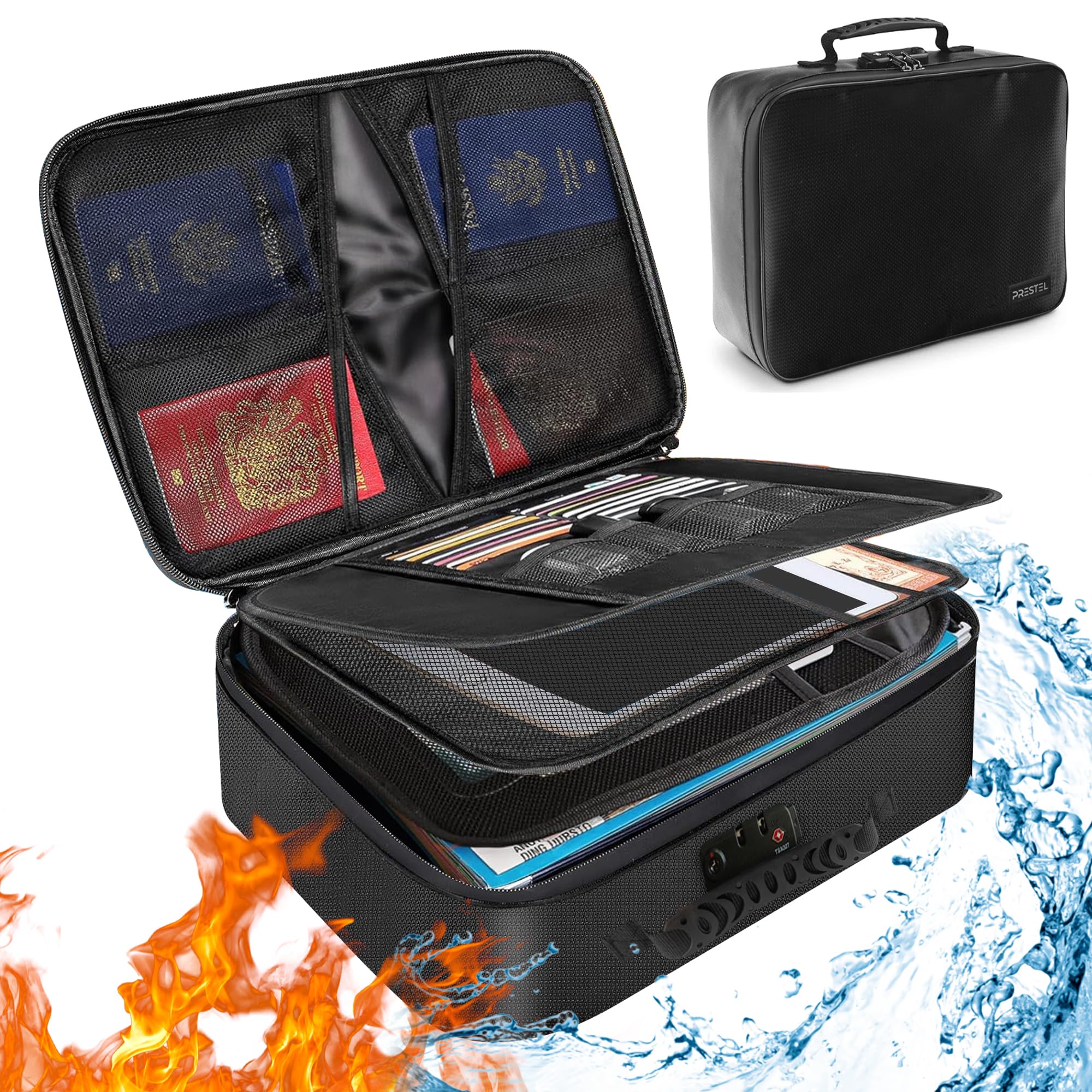 Prestel Fireproof Document Bag - Fire & Water Resistant Box with TSA Lock for A4 Documents, Passports, Certificates & Valuables - Lightweight & Portable (Black)