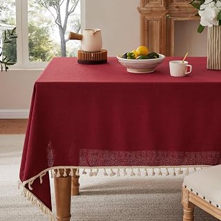 Tassel Linen Rectangular 6ft Table Cloth, Burgundy 60x104 Inch