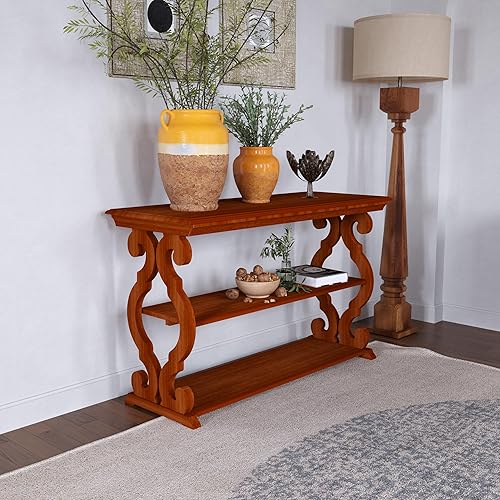 Mesa de consola de madera maciza antigua de 48 pulgadas, estilo rústico francés, con patas curvadas, con 3 estantes para entrada, pasillo, sala de