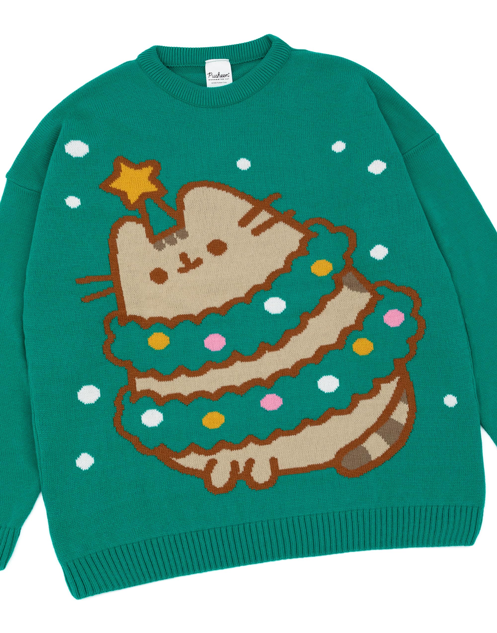 Pusheen Grüner Weihnachtsstrickpullover für Damen | Festlicher Feiertagspullover - Süß & Kuschelig | Stilvolle The Cat Weihnachtsbekleidung | Festliches Sweatshirt mit Katzenmotiv