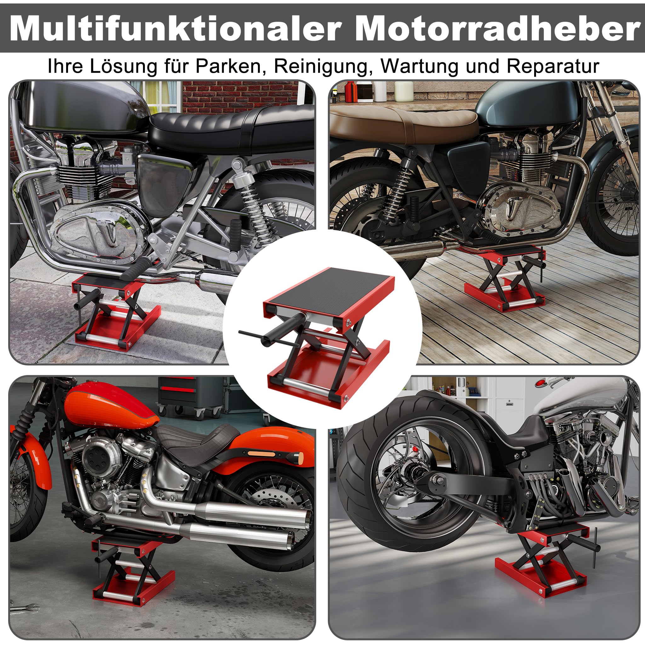 XMTECH Podnośnik do motocykli, 500 kg, podnośnik nożycowy z regulacją wysokości 95-340 mm, z szerokim pokładem i korbą, stojak środkowy do naprawy i konserwacji motocykli, wytrzymały i wytrzymały