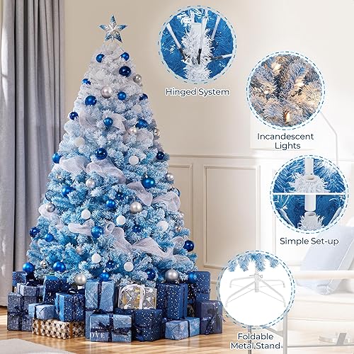 Vista 58 de Yaheetech - Árbol artificial de Navidad con luces incandescentes de color blanco cálido, con flecos nevados, 2084 ramas, 900 luces y soporte Verde