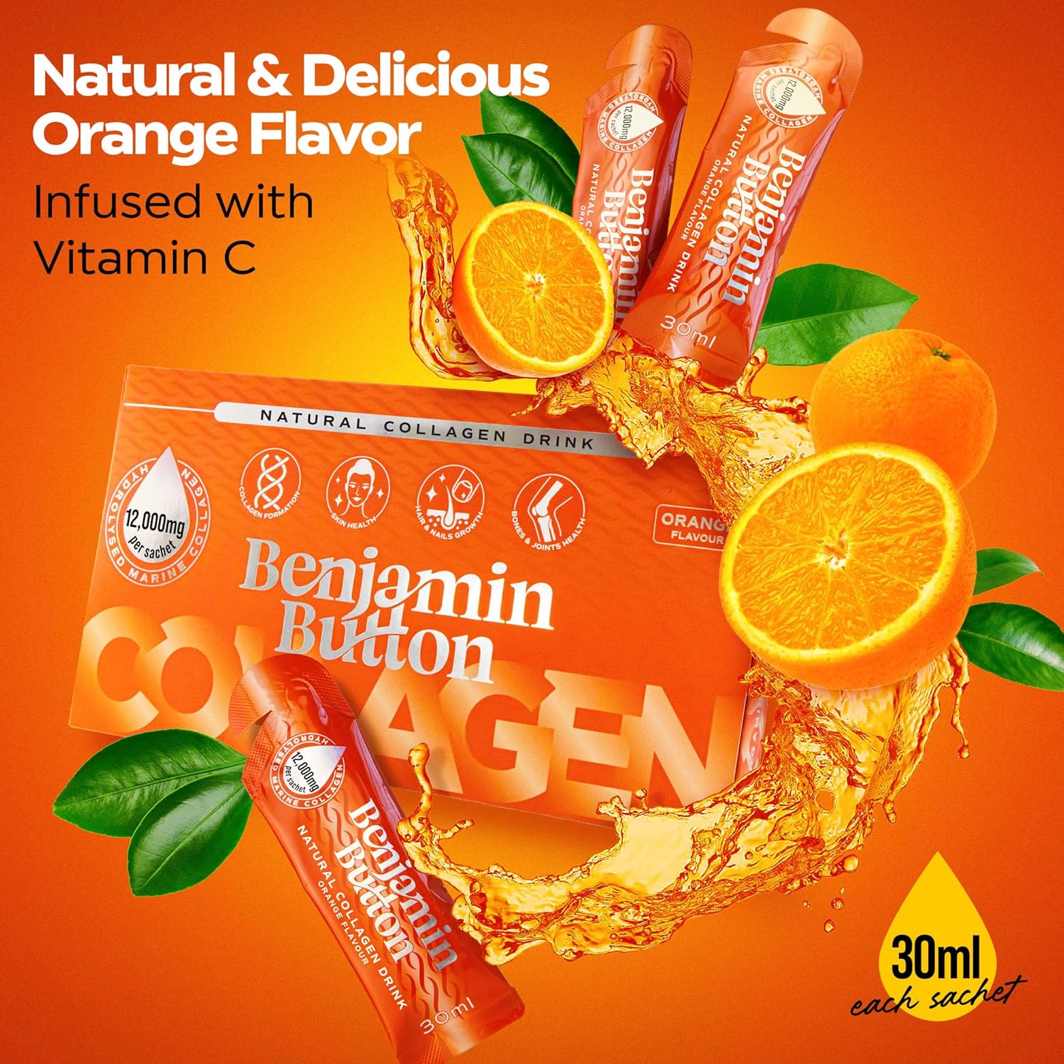 Benjamin Button Marine Collagen Liquid Sachet w/Hyaluronic Acid & Vitamin C | for Hair, Skin, Nails & Joints | 12,000mg High Strength Hydrolysed Collagen (1.01 Fl Oz (Pack of 28), Orange)