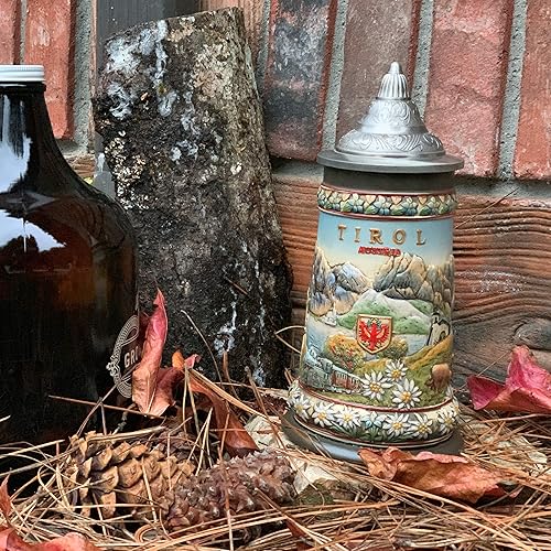 Miniatura 5 de OktoberfestHaus - Jarra de Cerveza de Cerveza Austria Pintada a Mano con Tapa Metálica y Escena de Tirol Alpes Jarra Cervecera Alemana