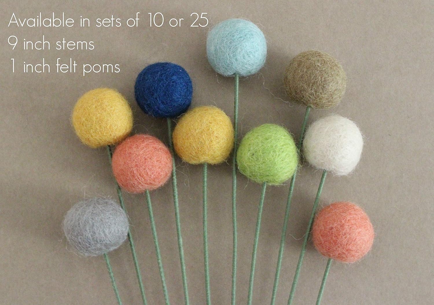 Felt Ball Flower Bouquet by Sheep Farm Felt- 9 inch stems - Choose 10 or 25 count