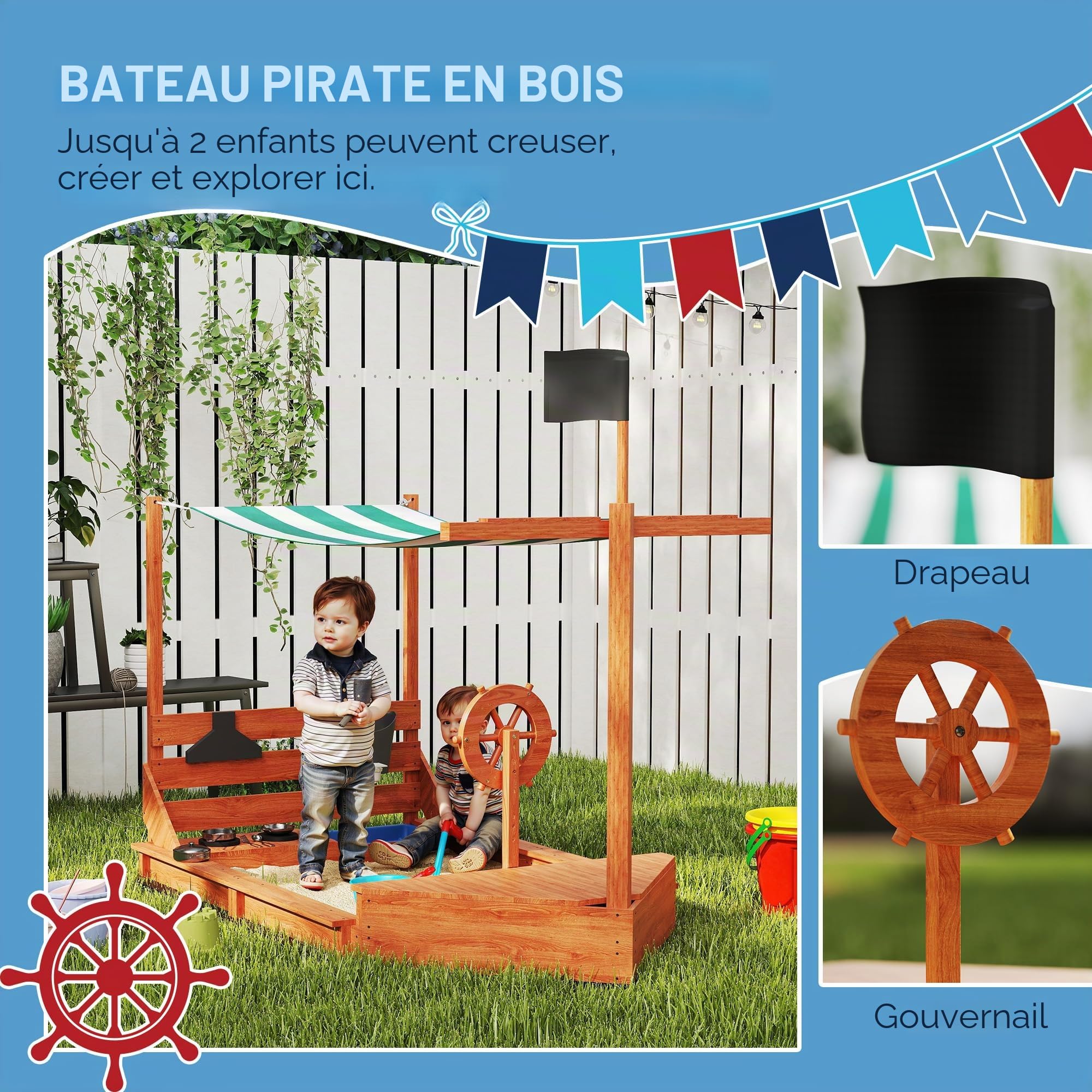 Outsunny Bac à Sable Enfants 180x103 cm avec Couvercle Bois Vert