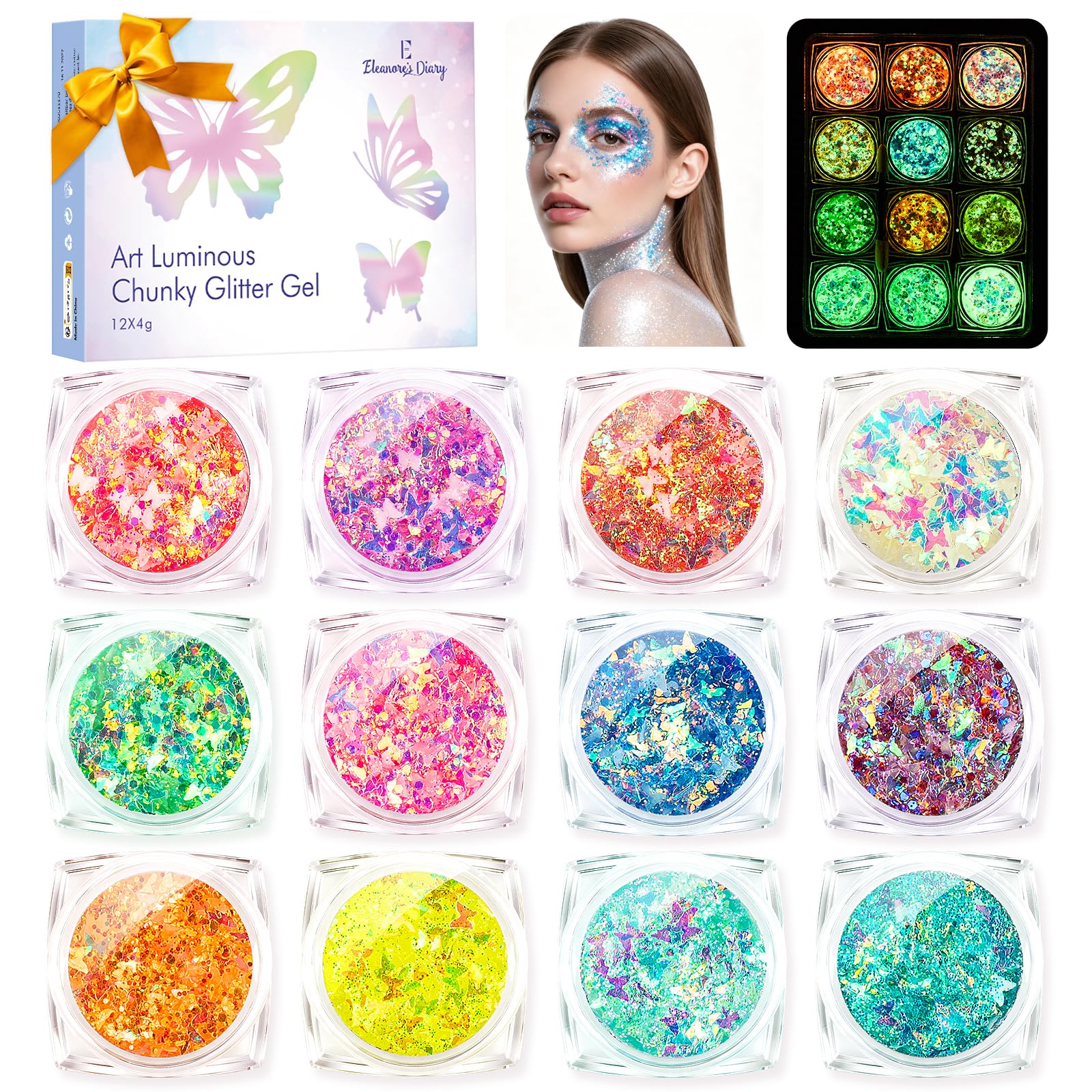 Halloween Glitzer Gel, Body Glitter, Schmetterlingform& Fluoreszierend | 12 Farbe Glitter Gesicht Schminke, Karnevel Festival Zubehör, Karneval Glitzer, Chunky Body Glitter, Körperglitzer für Makeup