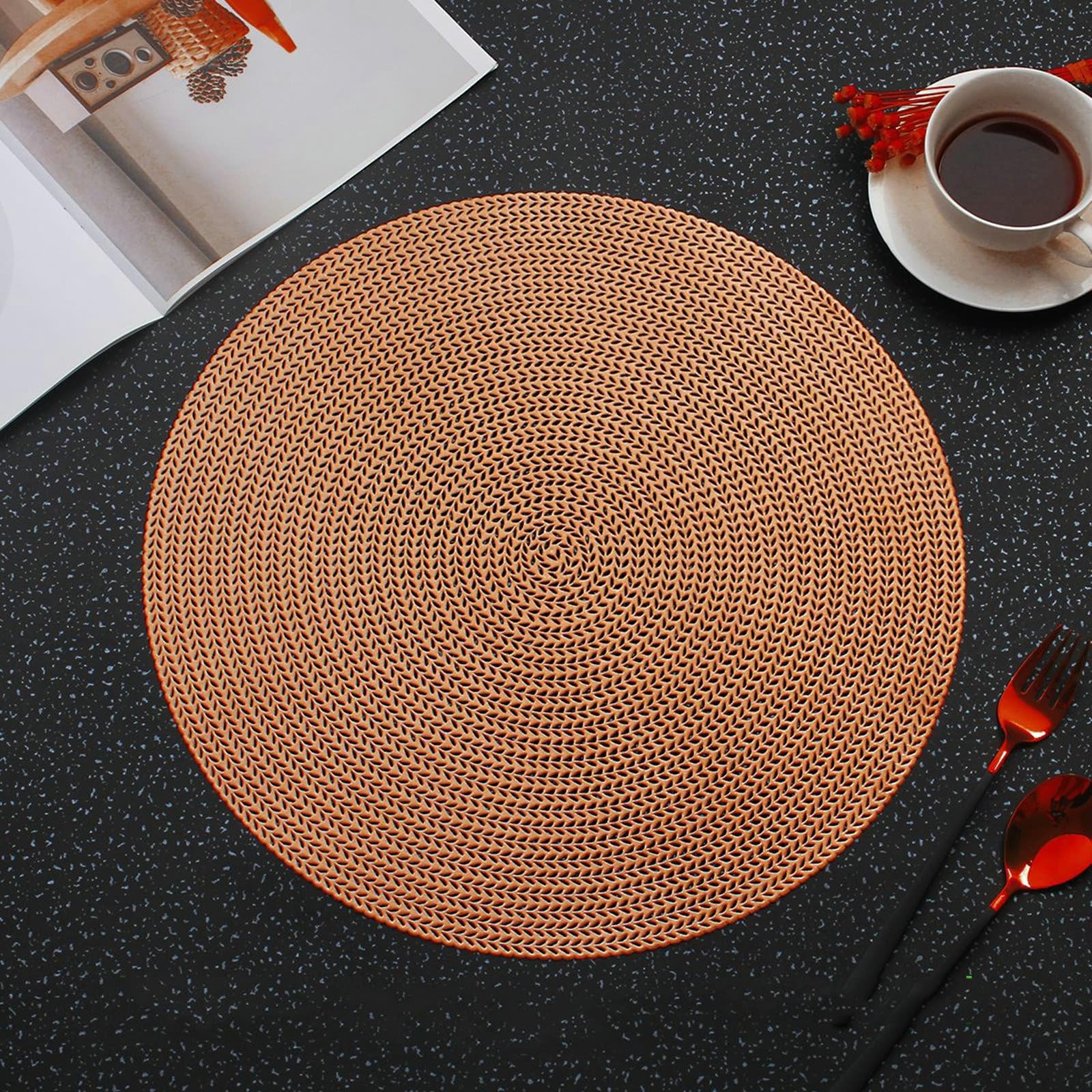 KnSam Set di 10 tovagliette in PVC, lavabile, personalizzate, rotonde, per cucina, bronzo, 38 cm