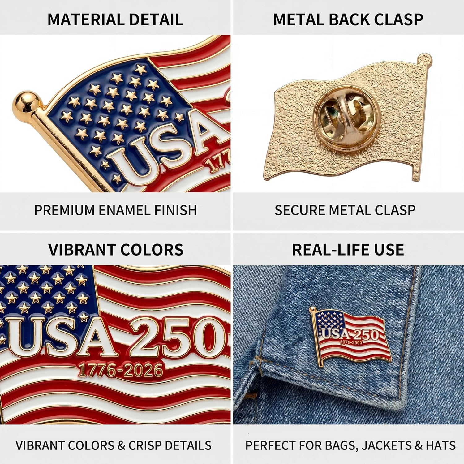 SOWPOPY 250 Anniversary USA Flag Lapel Pins, America 250th Enamel Pin for Men Women Hats Shirts, 250th Anniversary Merchandise Bulk for Patriot Independence Day Gifts