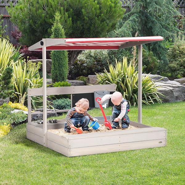Outsunny Arenero para Niños de Madera con Techo Ajustable, Arenero Infantil con Juguetes de Cocina, Estante y 2 Asientos, Juego para Niños de 3-7 Años, para Patio, Jardín, 114x110x110 cm, Gris - 2