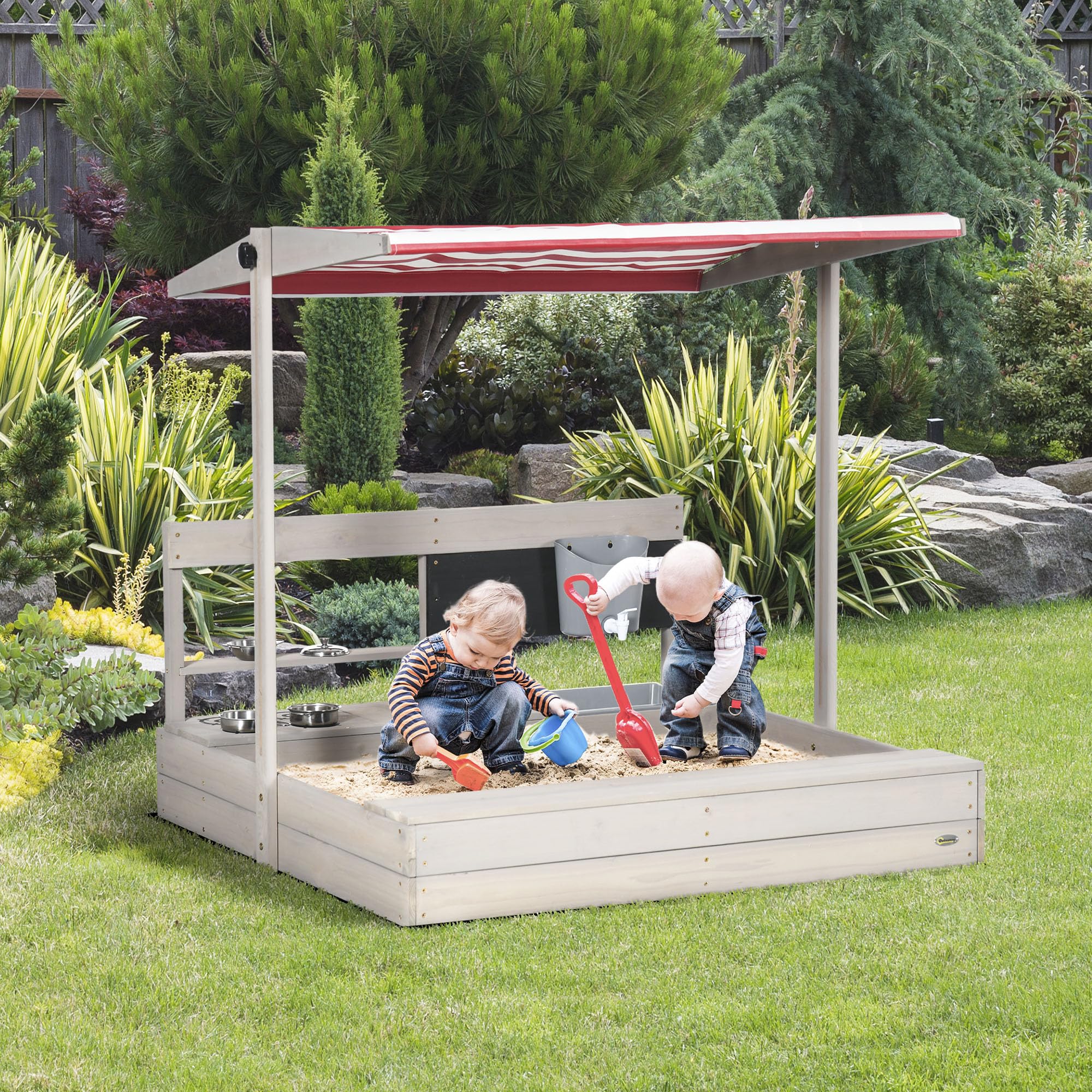 Outsunny Arenero Infantil de Madera con Techo Ajustable, 114x110x110 cm, Gris