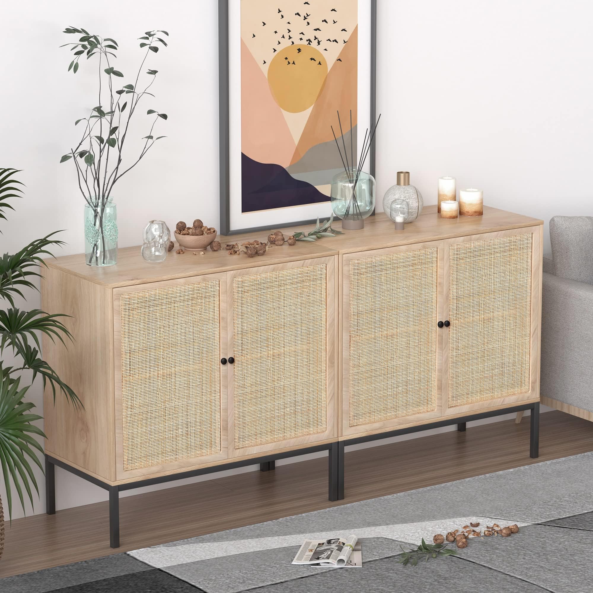 XIAO WEI Rattan Sideboard Cabinet with 2 Doors, 31.5" Boho Buffet Credenza with Metal Legs, Natural Cane Accent Storage Cabinet for Living Room, Dining Room, Entryway, Set of 2