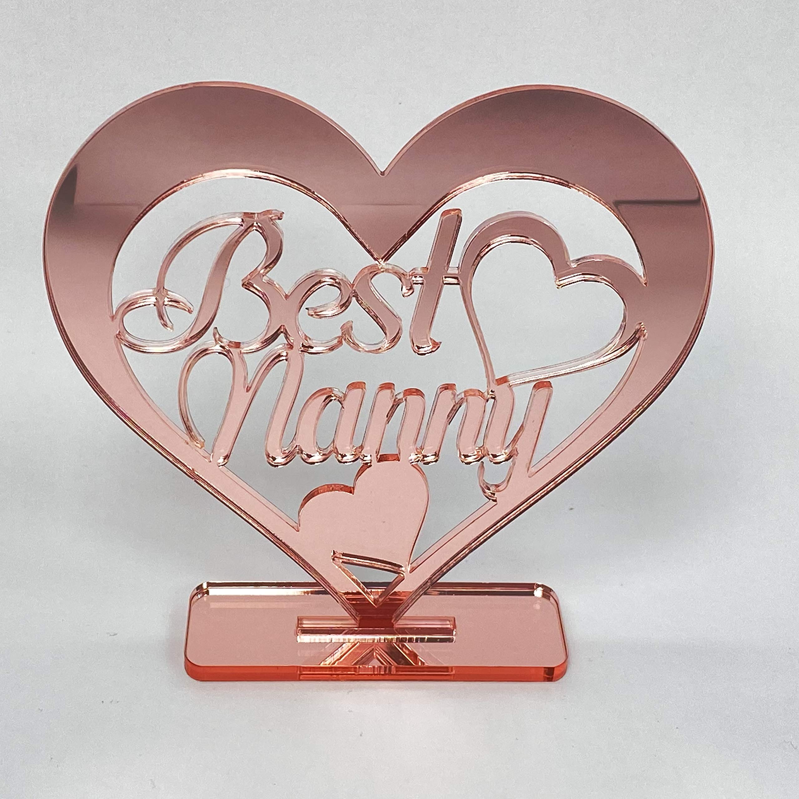 Media Replication Happy Mummy Wooden Heart Plaque Freestanding Love Sign Wood Mirror Home Deco Auntie Grandma Nanny Best Mum (Best Nanny, Rose Gold Mirror)