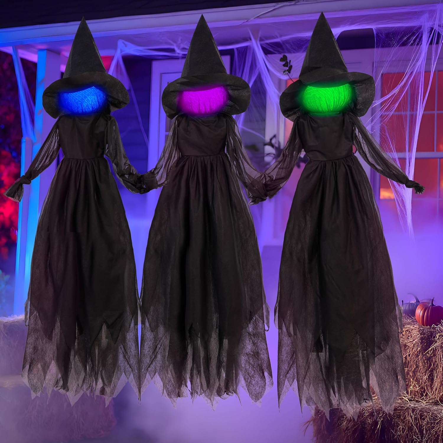 joyin 3pcs halloween witch decorations outdoor, 5ft spooky hanging ghost animatronic decor with broomstick light up props for home outside yard garden lawn porch haunted house
